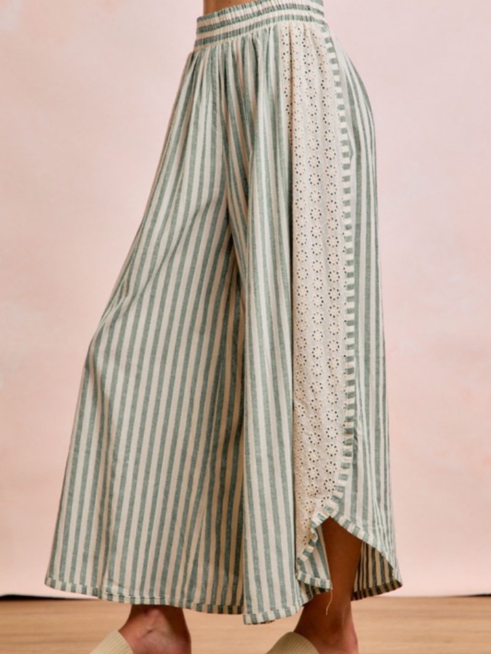 BiBi Green and Cream Striped Wide-Leg Pants with Eyelet Panel